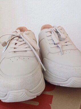 NEW FitFlop Women's F-Mode Leather/Suede Flatform Sneakers Stone Beige Size 9